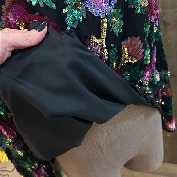 Vintage Laurence Kazar 2X Silk Sequin Floral Sheer Sleeve Blouse Top Black - Picture 8 of 11